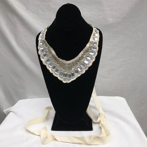 Jewel necklace bib with long cotton ties 34” long